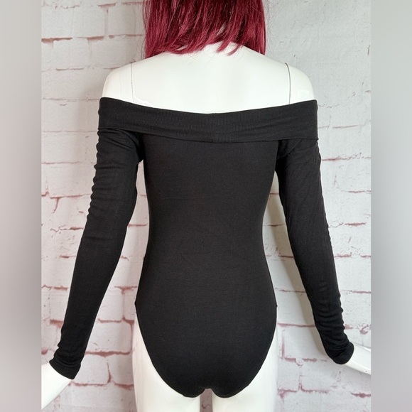 MATERIAL GIRL Bodysuit Black Off Shoulder Portrait Neckline Ribbed Stretch M NWT - Picture 8 of 12